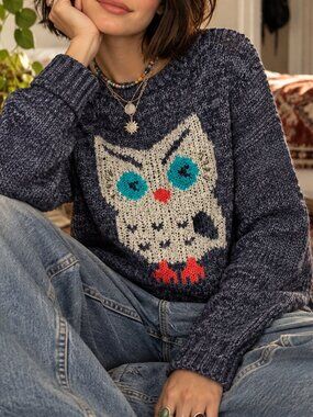 Pins and Needles Knit Owl Embellished Sweater Navy Long Sleeved Womens Size M